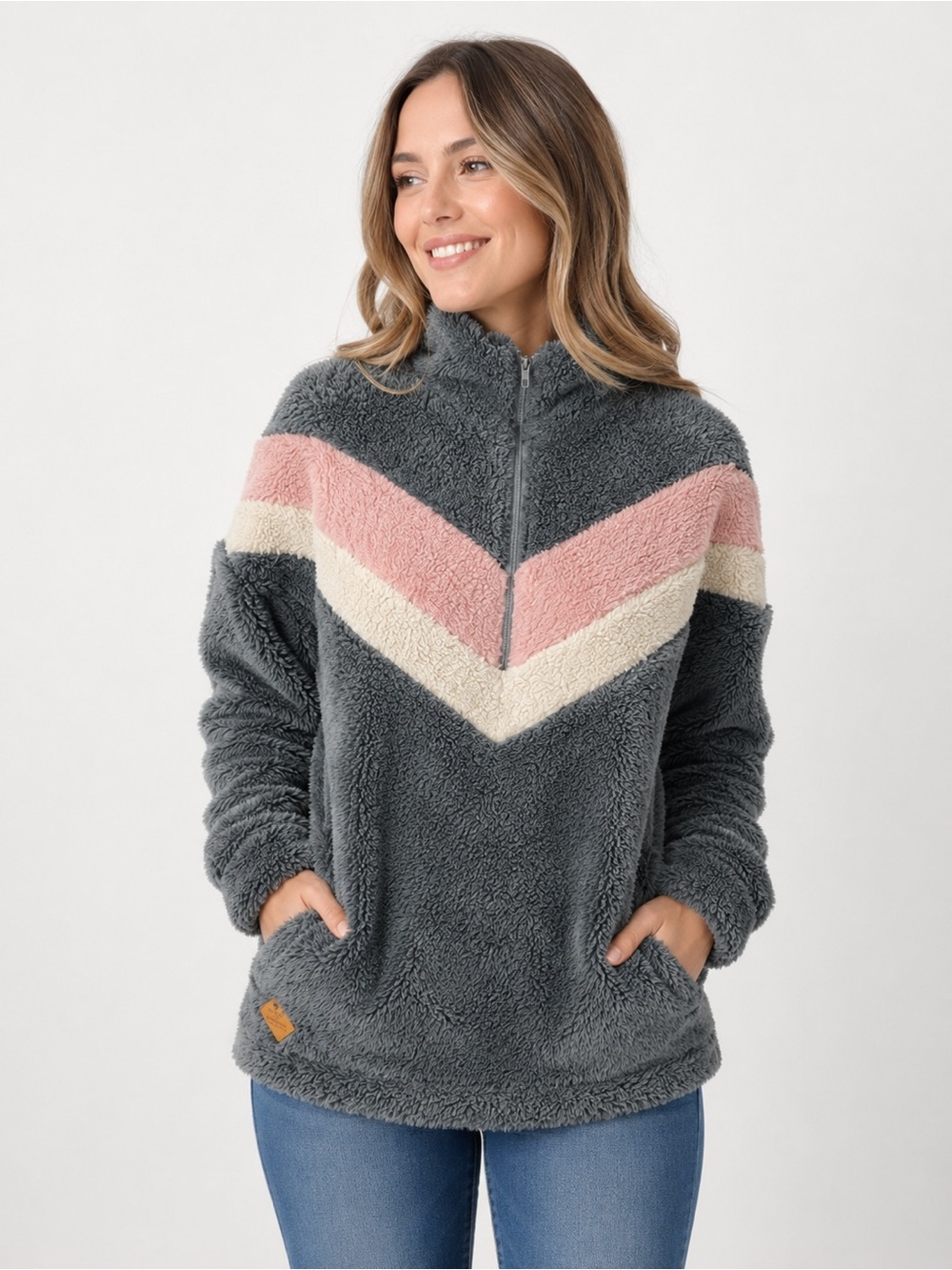 Simply Southern Womens Small Gray Pink Fleece Quarter Zip Pullover Sweatshirt